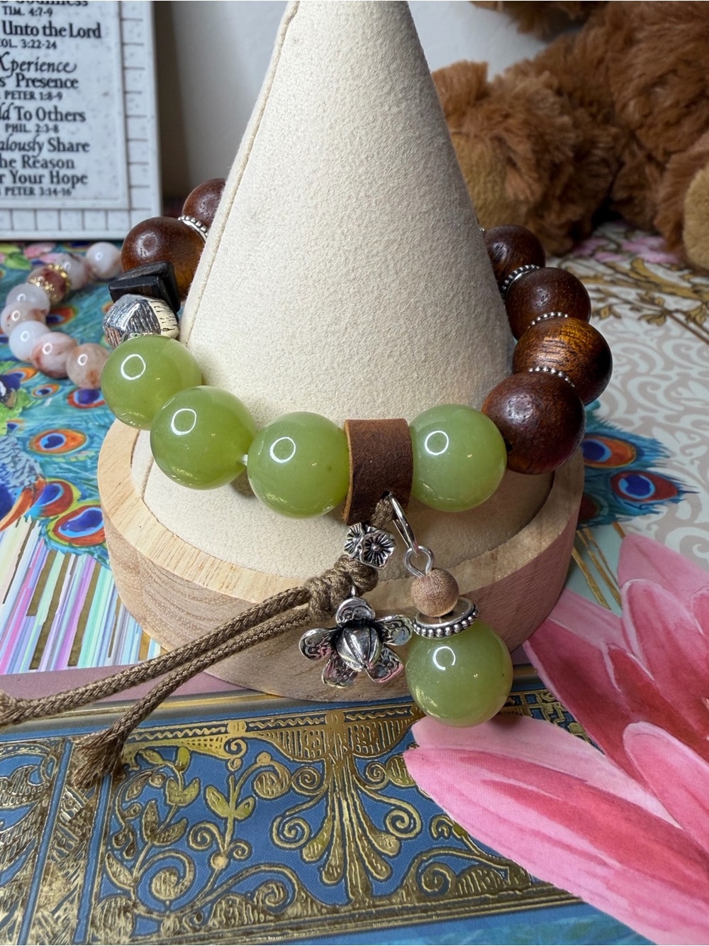 Jade & Wood Beaded Stretch Bracelet • Gemstone Flower Charm 9” Handmade
